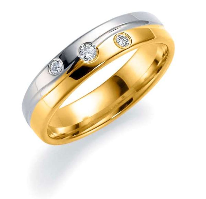 Giftering i tofarget gull 585, 5mm bredde, dia.0,09ct