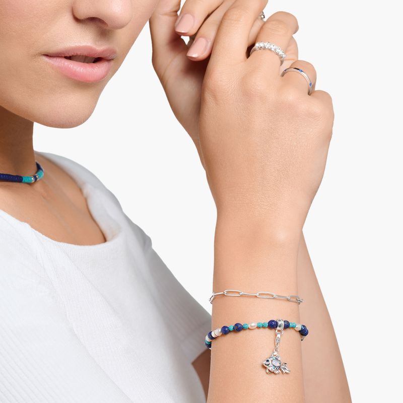 THOMAS SABO charm, fisk med blå steiner og opal, sølv